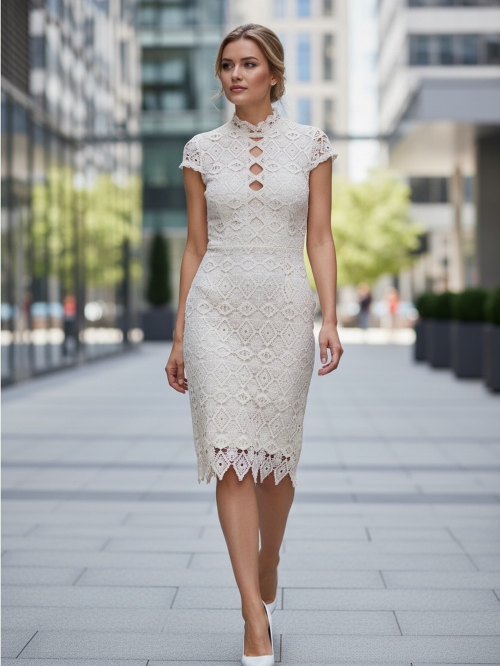 Banjul Ivory Lace Midi Dress with High Neck and Keyhole Accents